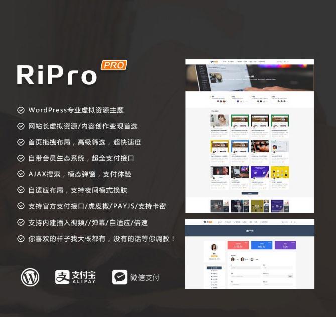 WordPress RiPro主题最新破解去授权无限制版本V4.9.0 支付宝原生支付、当面付、微信支付