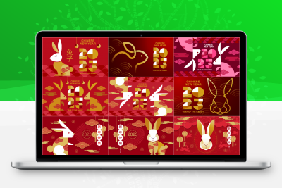 2023新年春节创意扁平化卡通兔年喜庆横版海报插画展板AI矢量素材