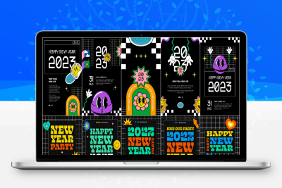 32款 酸性孟菲斯创意趣味Kv视觉活动促销排版艺术海报PSD设计素材模板